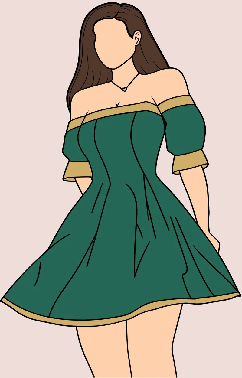 O mesmo vestido vetorizado: vestido verde com faixas douradas, fundo rosa claro.