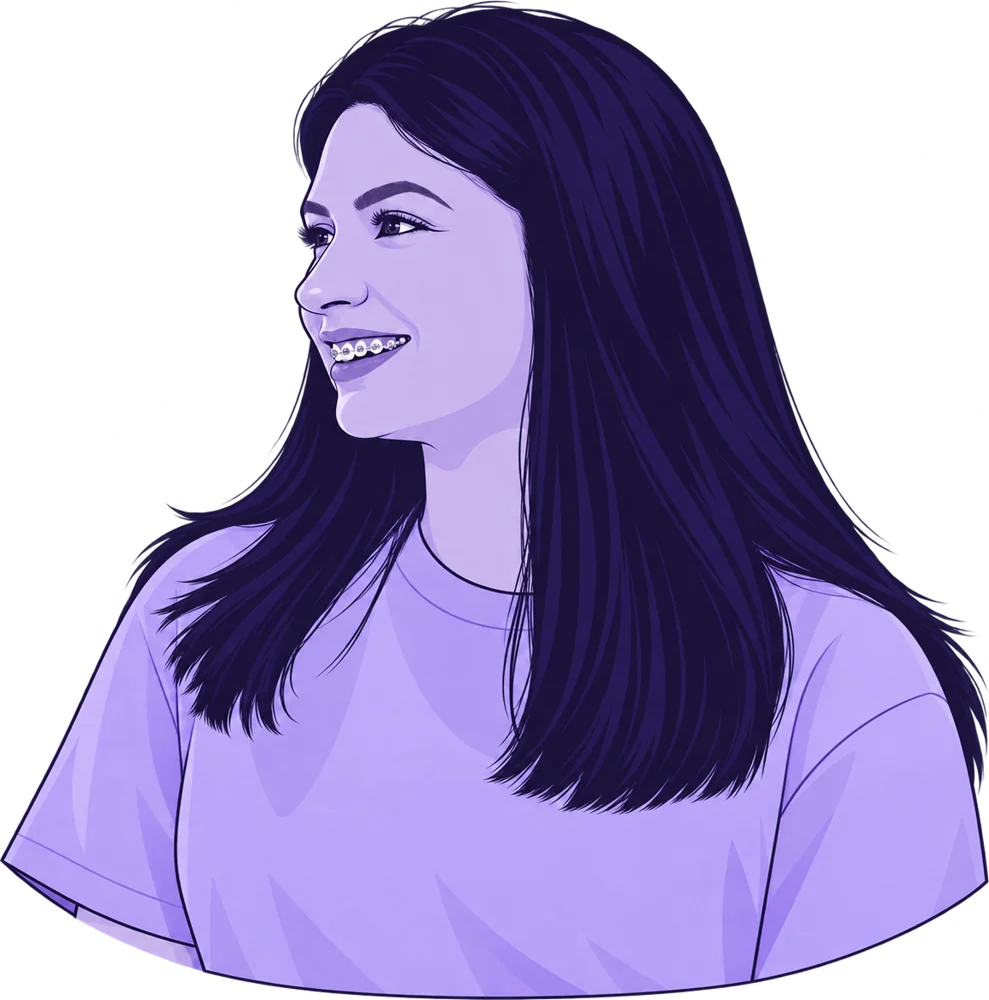 Ilustração da Geise de perfil, sorrindo, em tons de lilás.