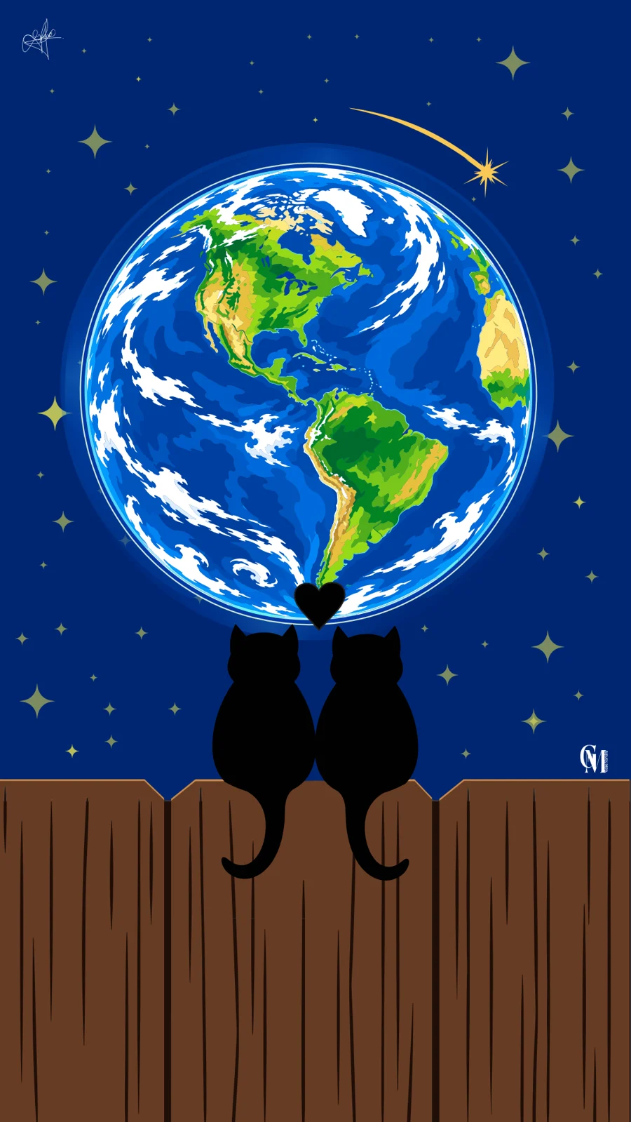 Ilustração vetorial: dois gatos pretos sentados num muro de madeira, de costas, olhando a Terra no céu estrelado, com um coração entre eles e uma estrela cadente.