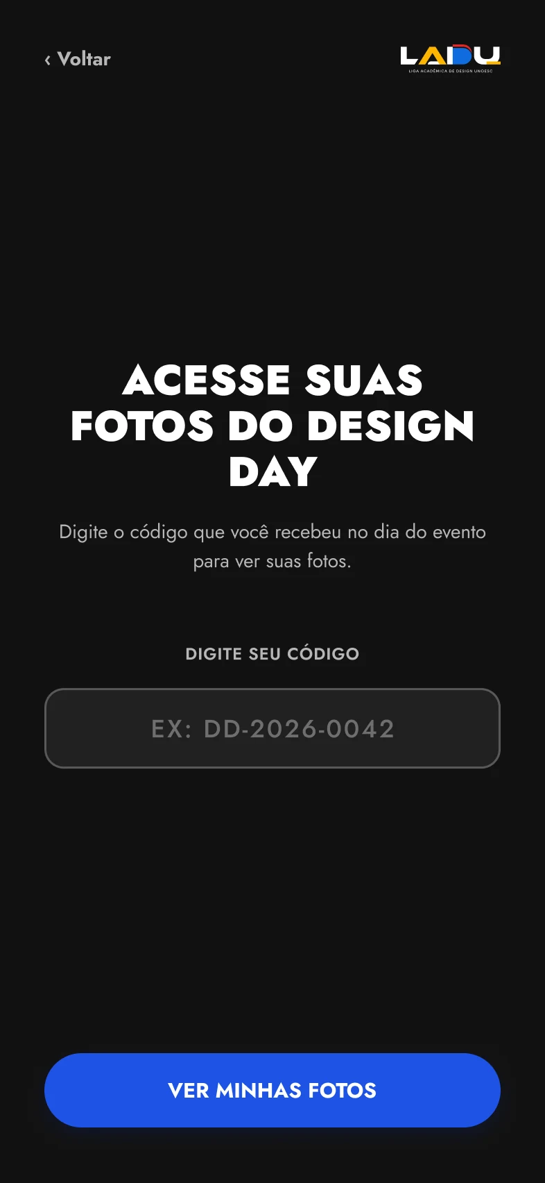 Tela Acesse suas fotos do Design Day, com um campo para digitar o código e o botão Ver minhas fotos.