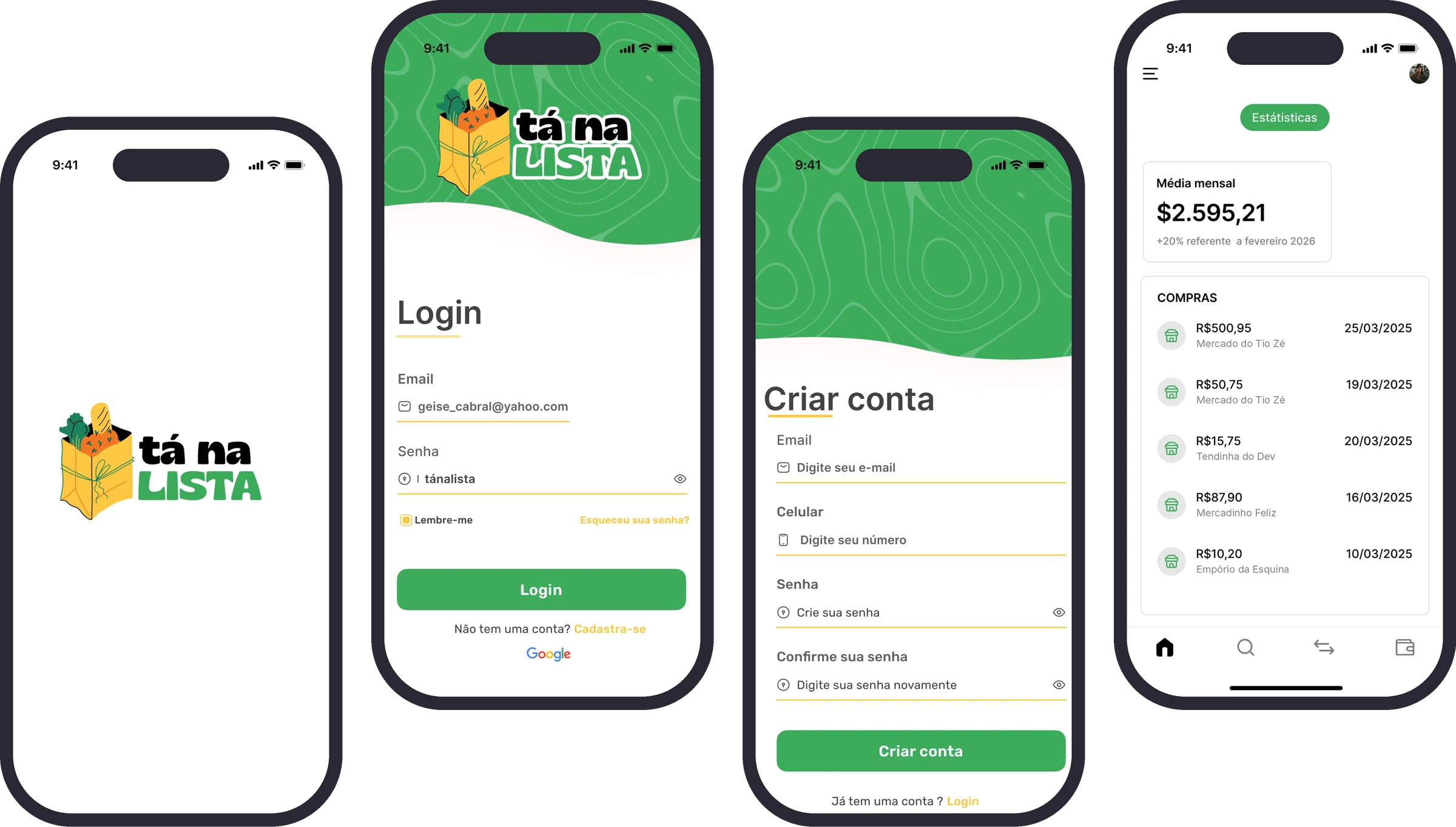 Quatro telas do app Tá na Lista no celular: abertura com o logo, login, criar conta e estatísticas com a média mensal de R$ 2.595,21 e a lista das últimas compras.