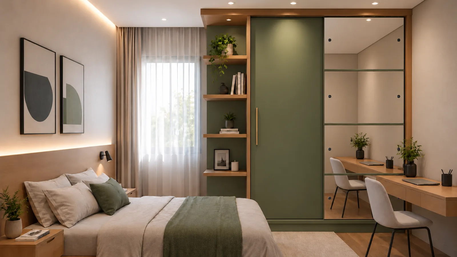 Render do guarda-roupa Viena num quarto: porta verde jade fosco, porta de espelho, nichos de madeira com plantas e livros, ao lado da cama.