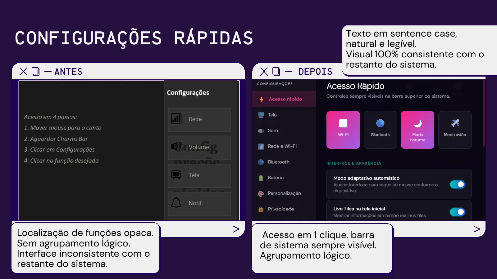 Antes e depois das configurações rápidas: a barra lateral escondida e o novo painel de acesso rápido.