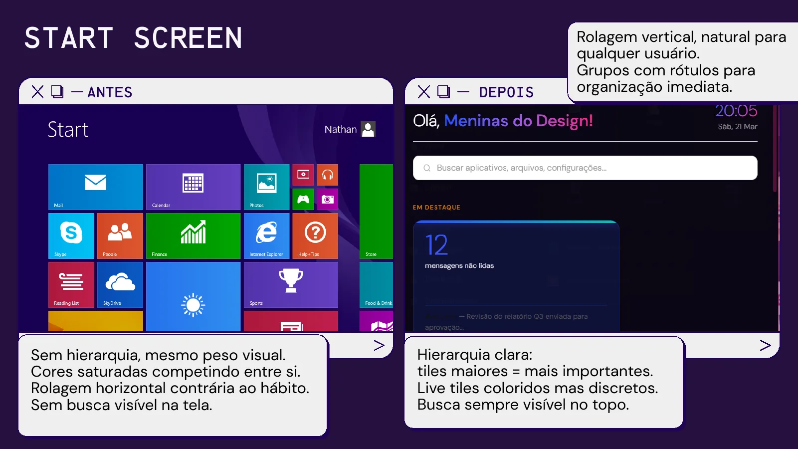 Antes e depois da tela inicial do Windows 8: à esquerda os blocos coloridos com rolagem horizontal, à direita o redesign escuro com saudação, busca e destaques.